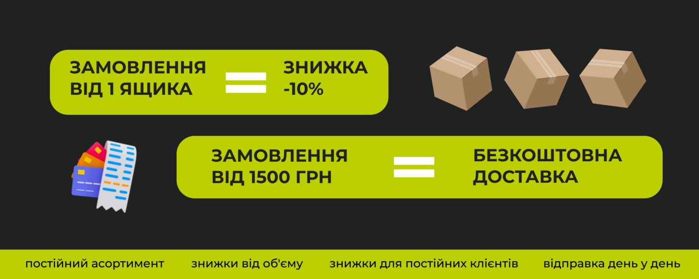 Заказ от 1 ящика скидка -10% бесплатная доставка от 1500 грн